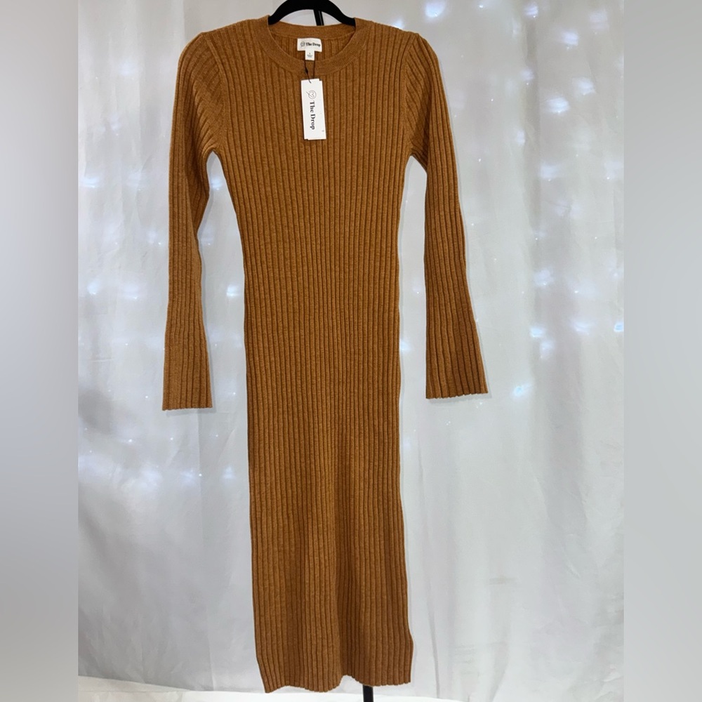 Chic Tan Ribbed Knit Long Sleeve Dress